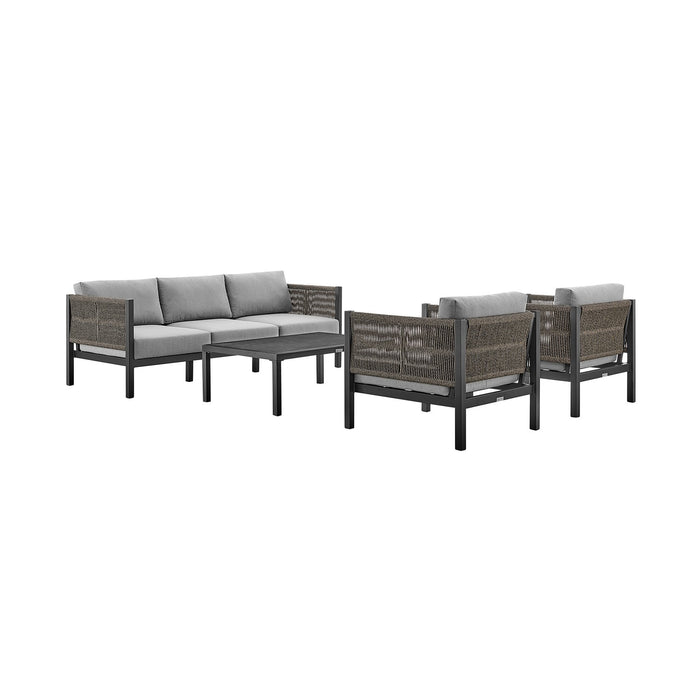 Mareike 4 Piece Outdoor Patio Furniture Set in Black Aluminum and Rope with Gray Cushions