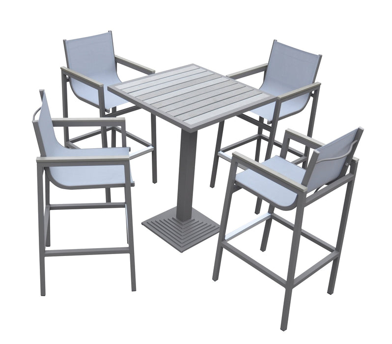 Marina Outdoor Patio Set Gray Finish and Gray Wood Top (Table with 4 barstools)