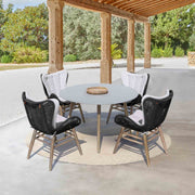 Kylie and Mateo 5 Piece Outdoor Patio Dining Set in Light Eucalyptus Wood with Charcoal Rope and Gray Cushions - Furniture City (CA)l