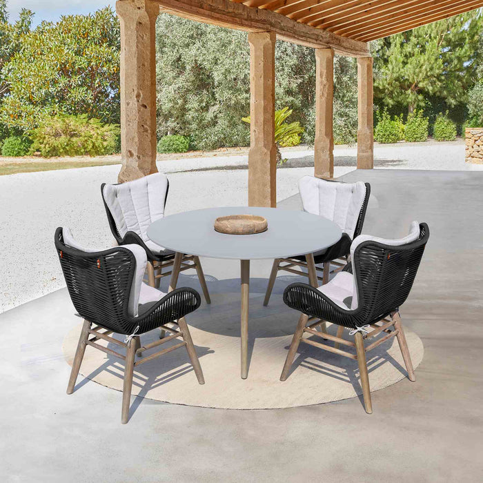Kylie and Mateo 5 Piece Outdoor Patio Dining Set in Light Eucalyptus Wood with Charcoal Rope and Gray Cushions