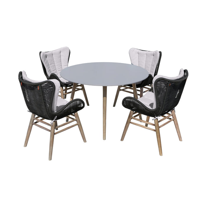 Kylie and Mateo 5 Piece Outdoor Patio Dining Set in Light Eucalyptus Wood with Charcoal Rope and Gray Cushions