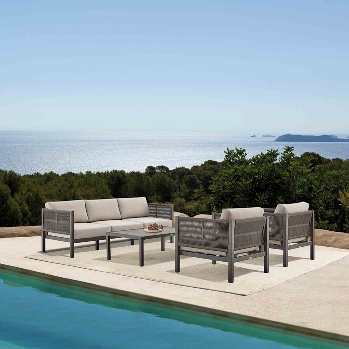 Mareike 4 Piece Outdoor Patio Furniture Set in Brown Aluminum and Rope with Cushions