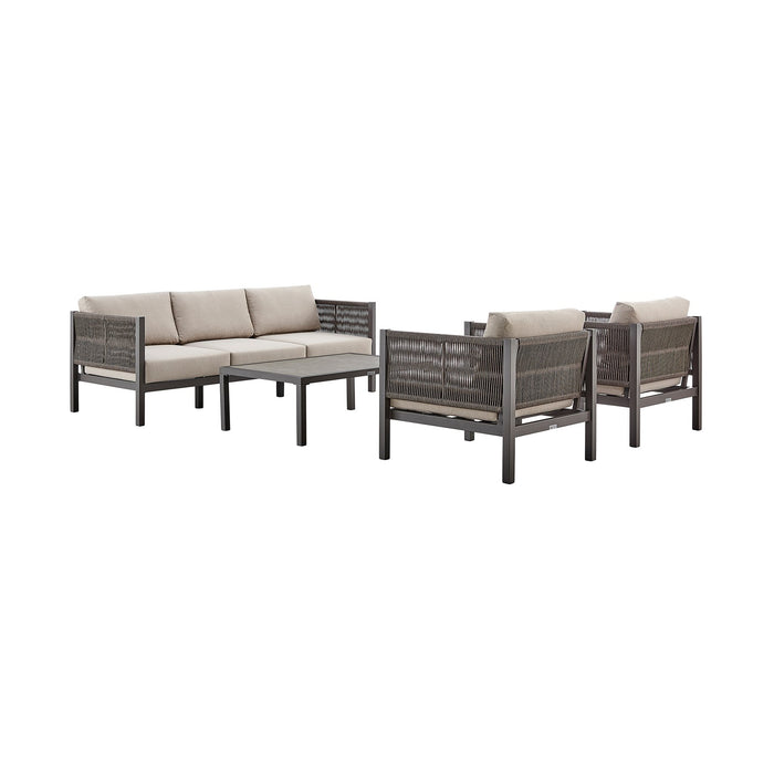 Mareike 4 Piece Outdoor Patio Furniture Set in Brown Aluminum and Rope with Cushions