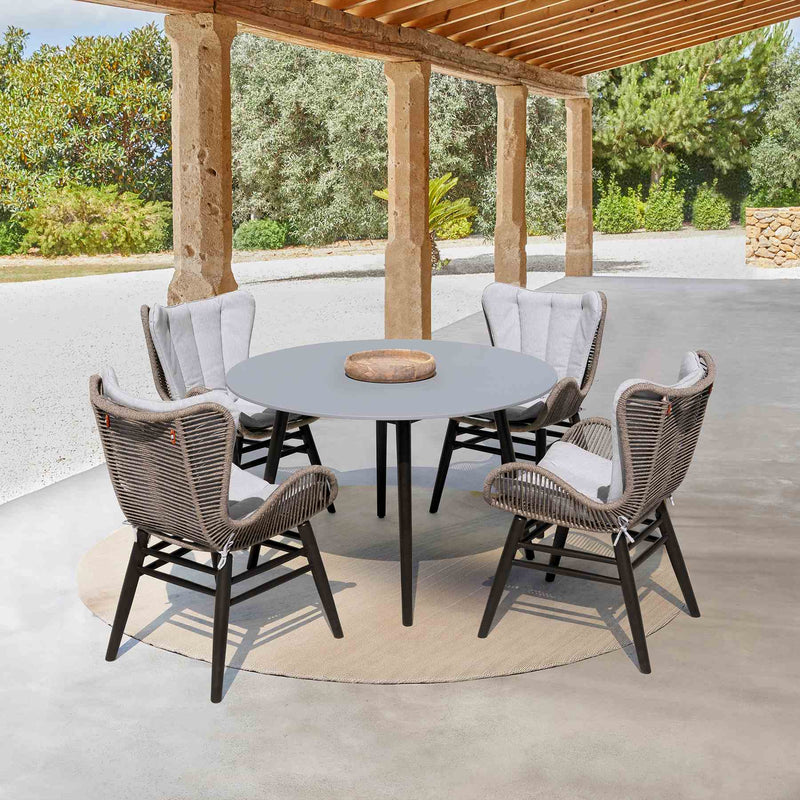 Kylie and Mateo 5 Piece Outdoor Patio Dining Set in Dark Eucalyptus Wood with Truffle Rope and Gray Cushions - Furniture City (CA)l