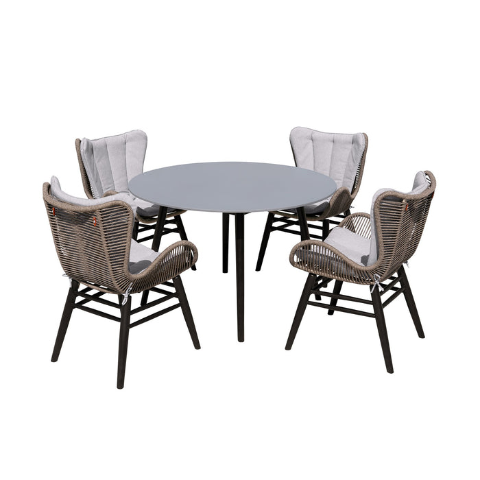 Kylie and Mateo 5 Piece Outdoor Patio Dining Set in Dark Eucalyptus Wood with Truffle Rope and Gray Cushions