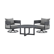 Menorca 3 Piece Patio Outdoor Swivel Seating Set in Dark Gray Aluminum with Gray Cushions - Furniture City (CA)l
