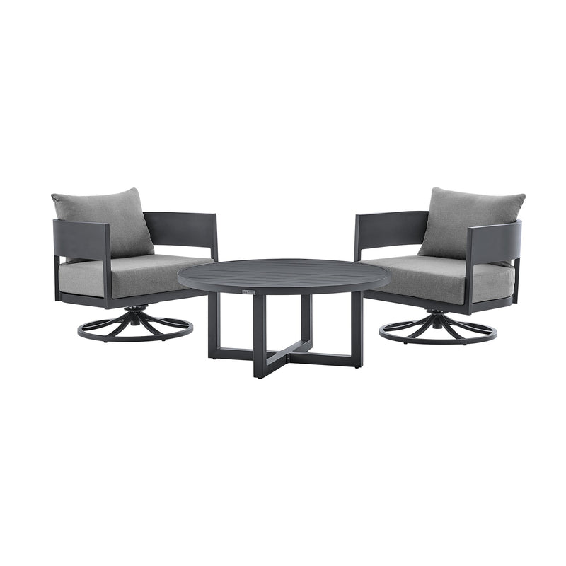 Menorca 3 Piece Patio Outdoor Swivel Seating Set in Dark Gray Aluminum with Gray Cushions - Furniture City (CA)l