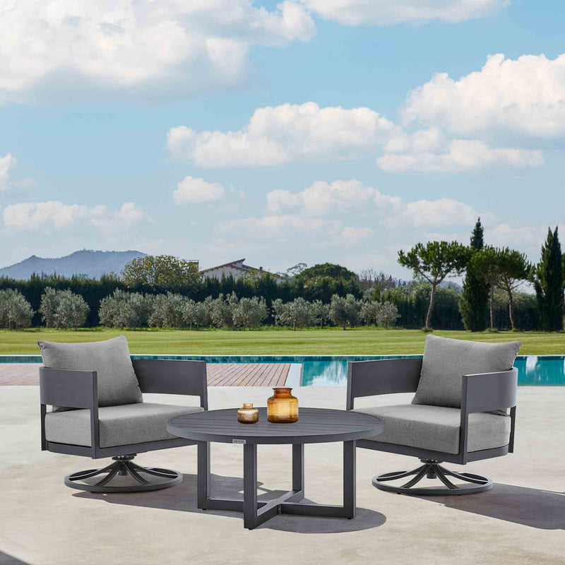Menorca 3 Piece Patio Outdoor Swivel Seating Set in Dark Gray Aluminum with Gray Cushions - Furniture City (CA)l