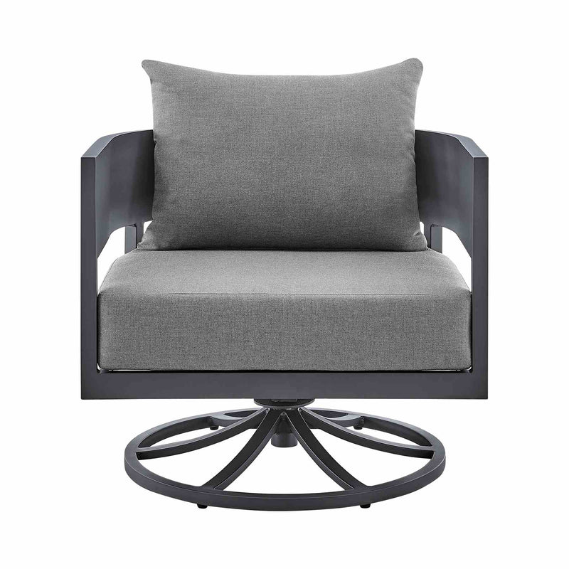 Menorca 3 Piece Patio Outdoor Swivel Seating Set in Dark Gray Aluminum with Gray Cushions - Furniture City (CA)l