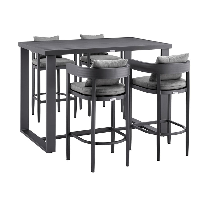 Menorca Outdoor Patio 5-Piece Bar Table Set in Aluminum with Gray Cushions - Furniture City (CA)l