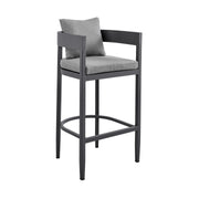 Menorca Outdoor Patio 5-Piece Bar Table Set in Aluminum with Gray Cushions - Furniture City (CA)l