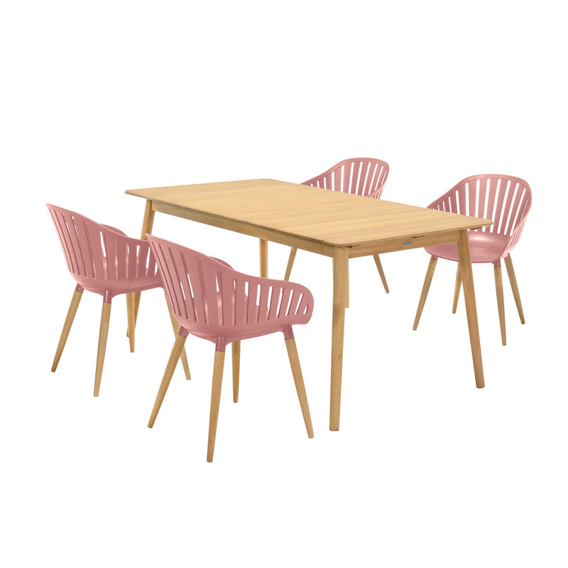 Nassau 5 piece Outdoor Dining Set in Natural Wood Finish Table and Pink Peony Arm Chairs - Furniture City (CA)l