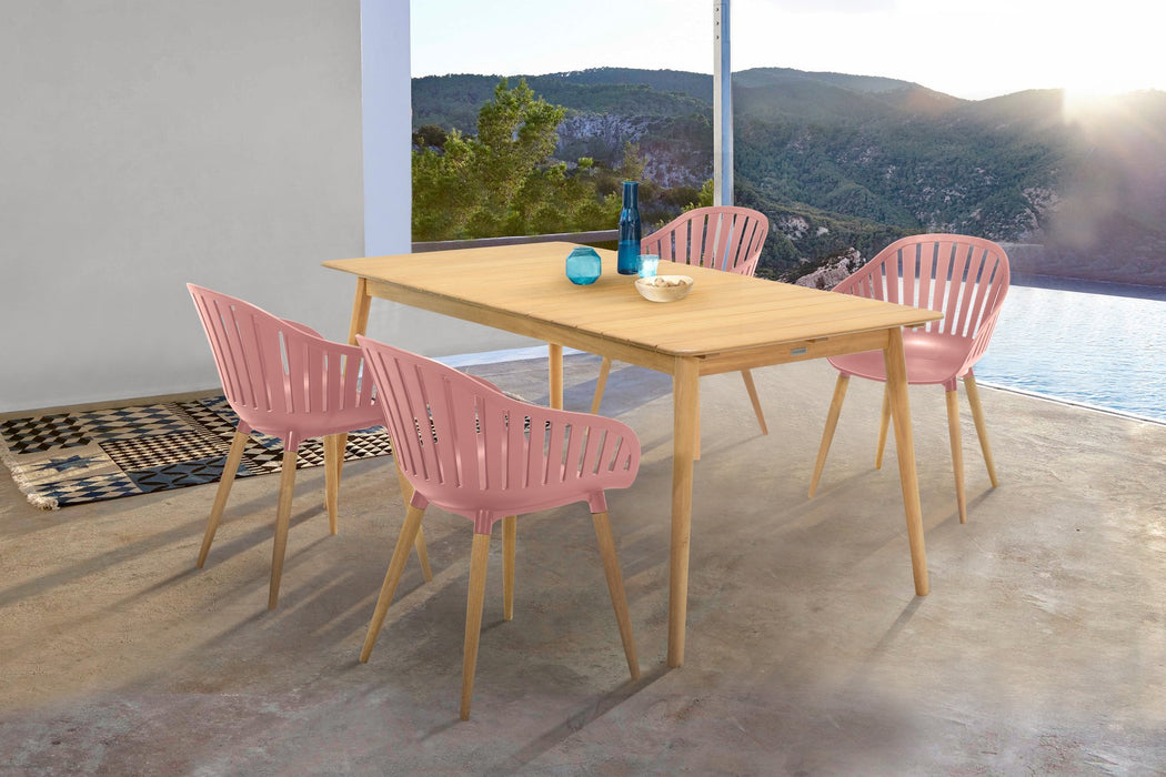 Nassau 5 piece Outdoor Dining Set in Natural Wood Finish Table and Pink Peony Arm Chairs