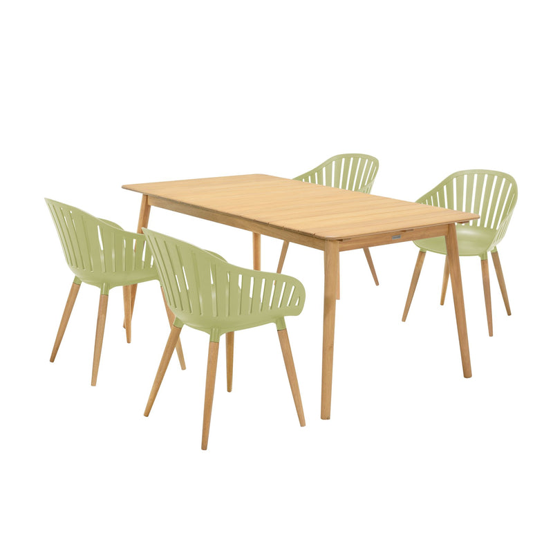Nassau 5 piece Outdoor Dining Set in Natural Wood Finish Table and Sage Green Arm Chairs - Furniture City (CA)l