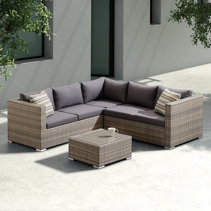 Nina 3 piece Outdoor Rattan Sectional Set with Dark Brown Cushions and Modern Accent Pillows