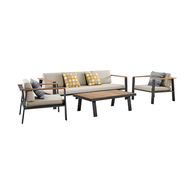 Nofi 4 piece Outdoor Patio Set in Charcoal Finish with Taupe Cushions and Teak Wood - Furniture City (CA)l