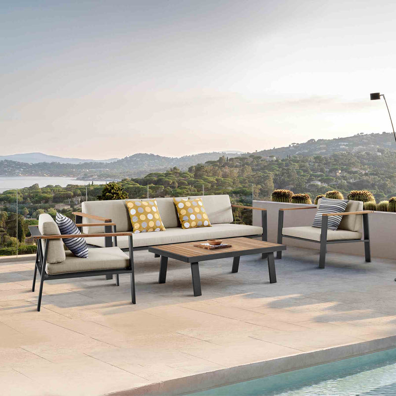 Nofi 4 piece Outdoor Patio Set in Charcoal Finish with Taupe Cushions and Teak Wood - Furniture City (CA)l