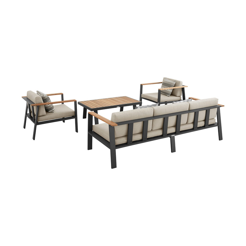 Nofi 4 piece Outdoor Patio Set in Charcoal Finish with Taupe Cushions and Teak Wood - Furniture City (CA)l