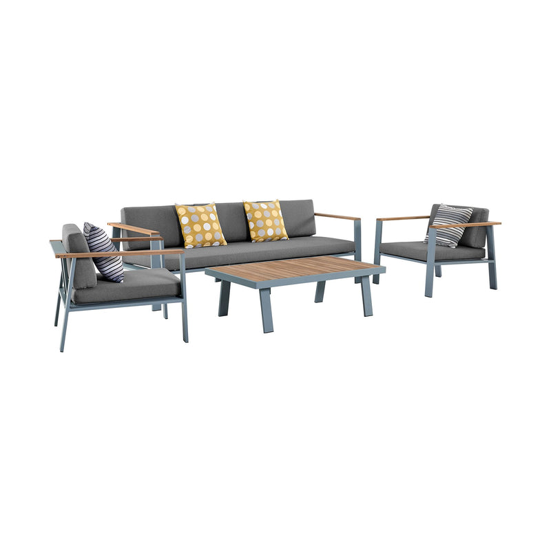 Nofi 4 piece Outdoor Patio Set in Gray Finish with Gray Cushions and Teak Wood - Furniture City (CA)l
