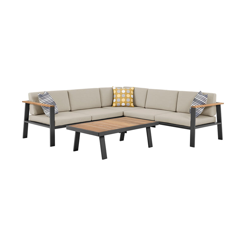 Nofi Aluminum and Teak Wood Outdoor Sectional Sofa in Charcoal and Taupe - Furniture City (CA)l