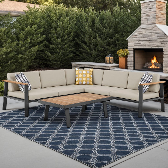 Nofi Aluminum and Teak Wood Outdoor Sectional Sofa in Charcoal and Taupe