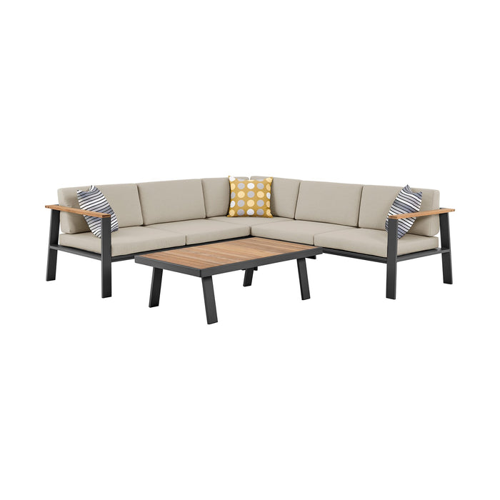 Nofi Aluminum and Teak Wood Outdoor Coffee Table in Charcoal Gray