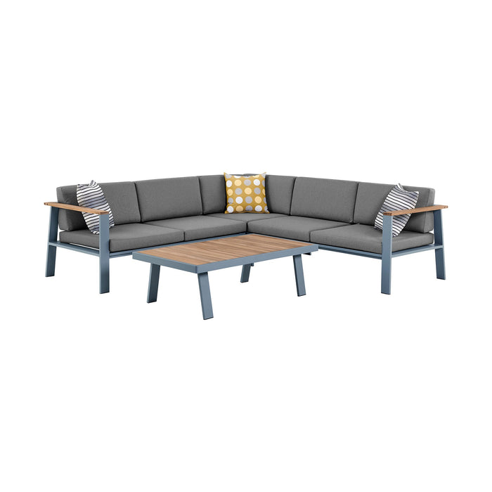 Nofi Aluminum and Teak Wood Outdoor Sectional Sofa in Gray