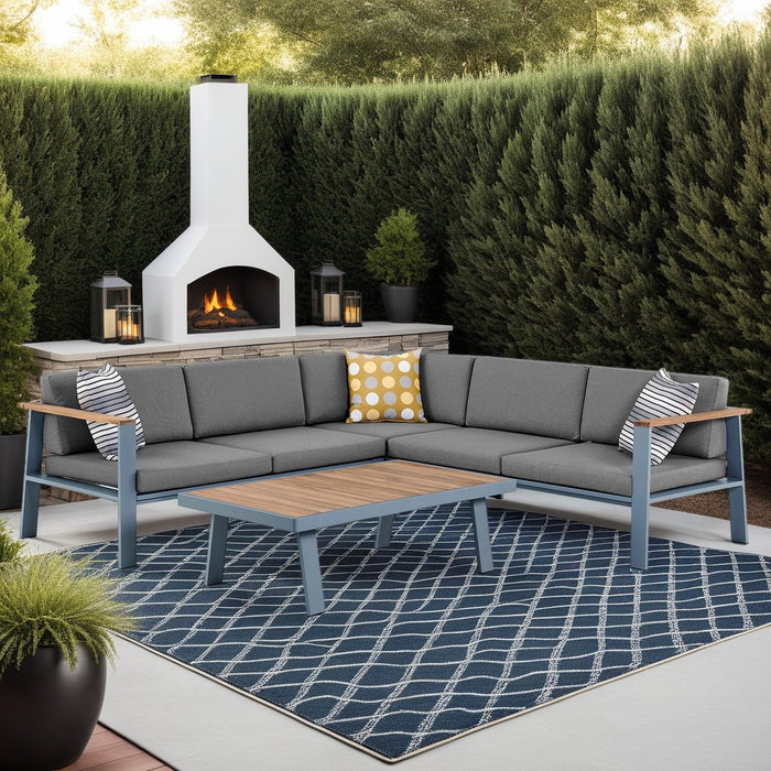Nofi Aluminum and Teak Wood Outdoor Sectional Sofa in Gray