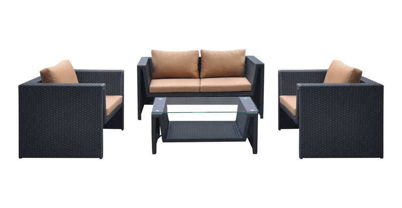 Oahu 4 piece Outdoor Wicker Patio Set with Brown Fabric Cushions and Tempered Glass Top - Furniture City (CA)l