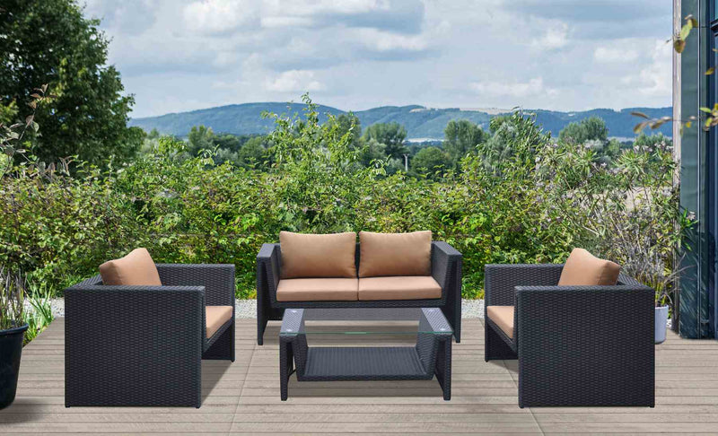 Oahu 4 piece Outdoor Wicker Patio Set with Brown Fabric Cushions and Tempered Glass Top - Furniture City (CA)l