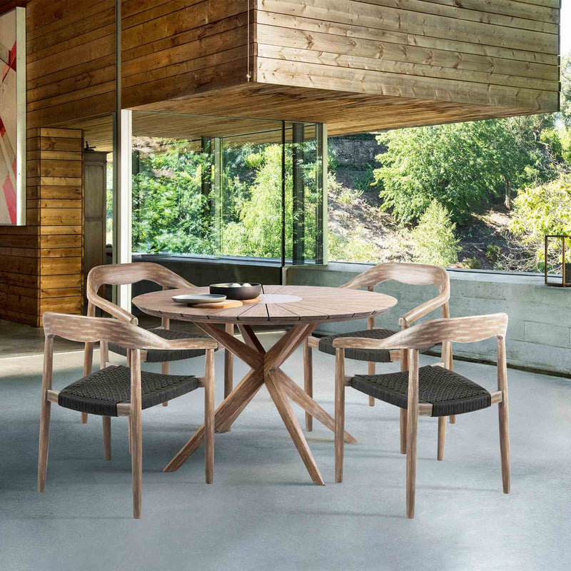 Oasis Santo Outdoor Patio 5 Piece Round Dining Set in Eucalyptus Wood and Charcoal Rope - Furniture City (CA)l