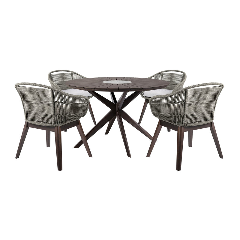 Oasis Tutti Frutti Outdoor Patio 5 Piece Round Dining Set in Eucalyptus Wood with Gray Rope and Cushions - Furniture City (CA)l