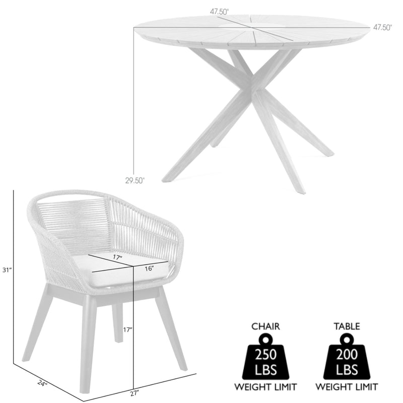 Oasis Tutti Frutti Outdoor Patio 5 Piece Round Dining Set in Eucalyptus Wood with Gray Rope and Cushions - Furniture City (CA)l