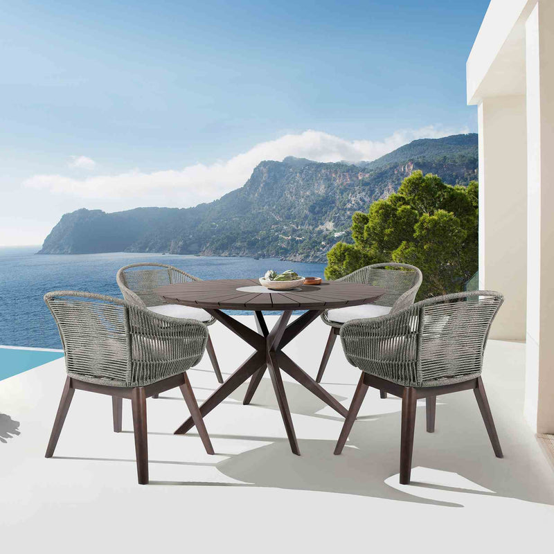 Oasis Tutti Frutti Outdoor Patio 5 Piece Round Dining Set in Eucalyptus Wood with Gray Rope and Cushions - Furniture City (CA)l