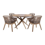 Oasis Tutti Frutti Outdoor Patio 5 Piece Round Dining Set in Eucalyptus Wood with Truffle Rope and Gray Cushions - Furniture City (CA)l