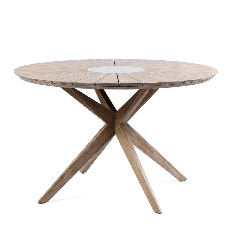 Oasis Tutti Frutti Outdoor Patio 5 Piece Round Dining Set in Eucalyptus Wood with Truffle Rope and Gray Cushions - Furniture City (CA)l