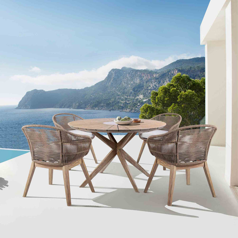 Oasis Tutti Frutti Outdoor Patio 5 Piece Round Dining Set in Eucalyptus Wood with Truffle Rope and Gray Cushions - Furniture City (CA)l