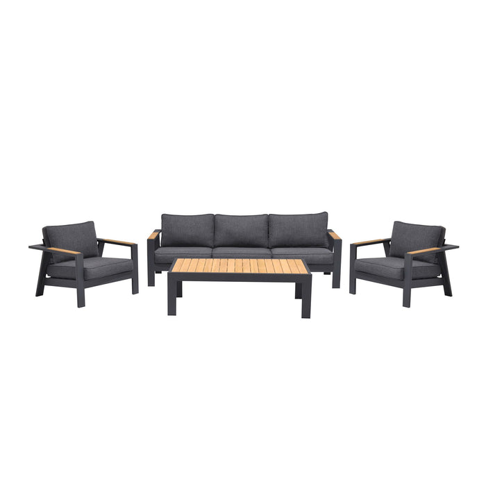 Palau 4 Piece Outdoor Sofa Set in Dark Gray with Natural Teak Wood Accent Top