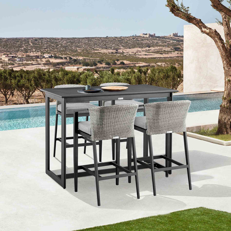 Palma Outdoor Patio 5-Piece Bar Table Set in Aluminum with Gray Cushions - Furniture City (CA)l