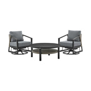 Palma 3 Piece Patio Outdoor Swivel Seating Set in Black Aluminum with Gray Wicker and Cushions - Furniture City (CA)l