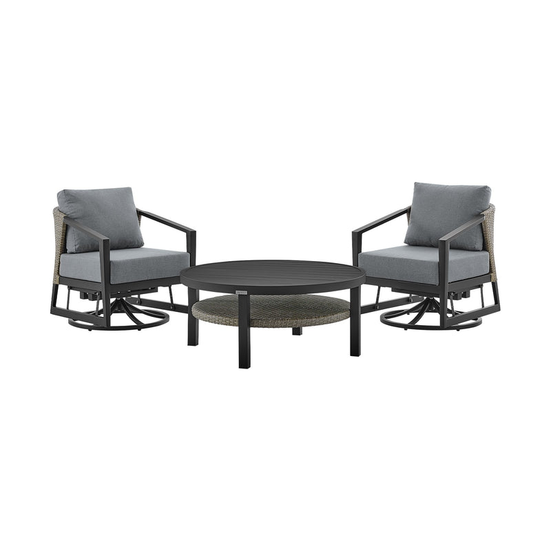 Palma 3 Piece Patio Outdoor Swivel Seating Set in Black Aluminum with Gray Wicker and Cushions - Furniture City (CA)l