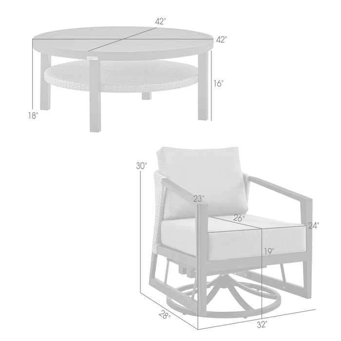 Palma 3 Piece Patio Outdoor Swivel Seating Set in Black Aluminum with Gray Wicker and Cushions