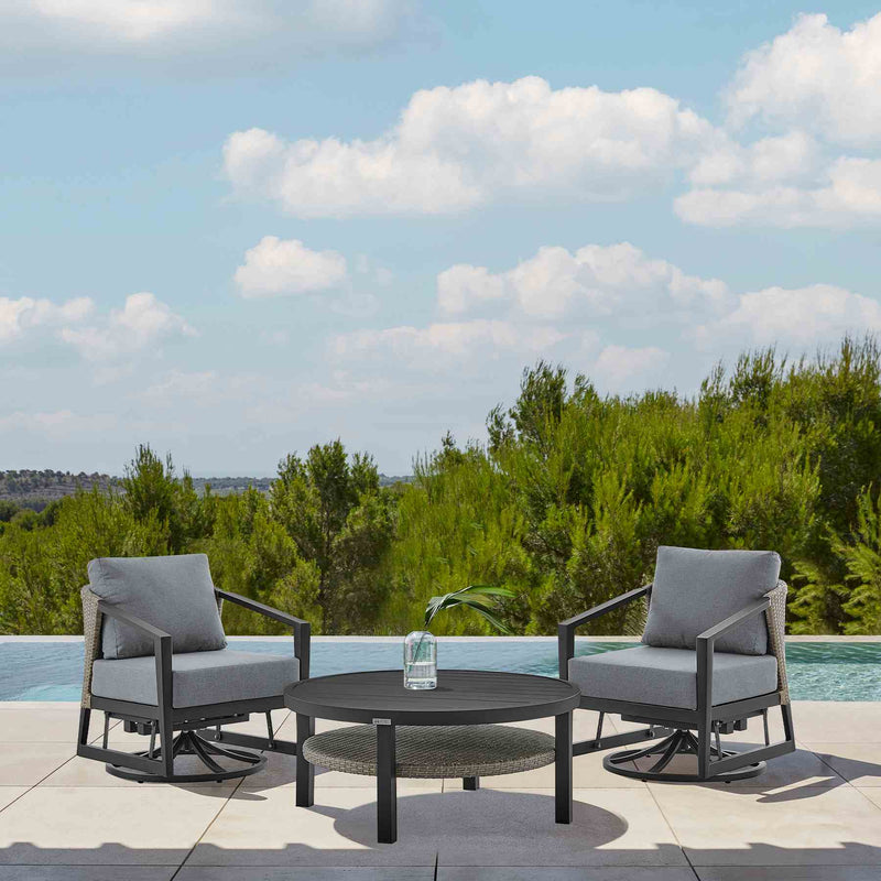 Palma 3 Piece Patio Outdoor Swivel Seating Set in Black Aluminum with Gray Wicker and Cushions - Furniture City (CA)l