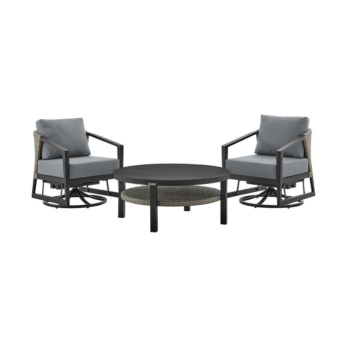 Palma 3 Piece Patio Outdoor Swivel Seating Set in Black Aluminum with Gray Wicker and Cushions