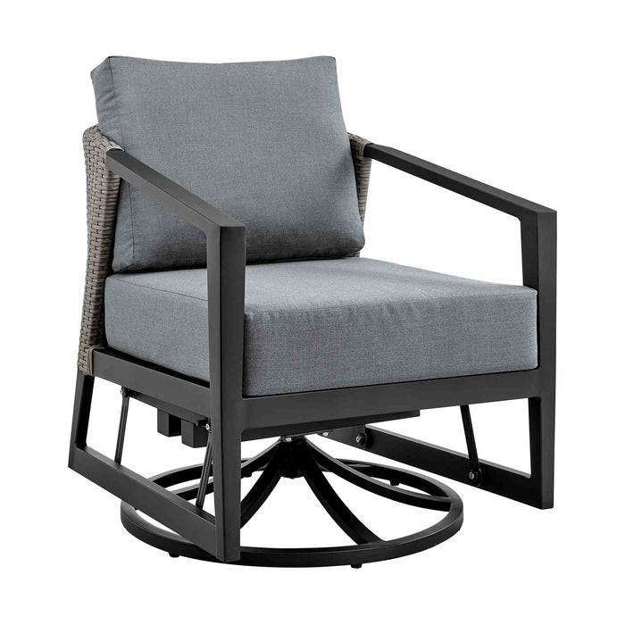 Palma 3 Piece Patio Outdoor Swivel Seating Set in Black Aluminum with Gray Wicker and Cushions