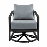 Palma 3 Piece Patio Outdoor Swivel Seating Set in Black Aluminum with Gray Wicker and Cushions - Furniture City (CA)l