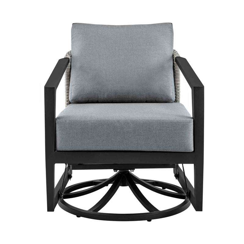 Palma 3 Piece Patio Outdoor Swivel Seating Set in Black Aluminum with Gray Wicker and Cushions - Furniture City (CA)l