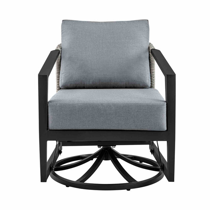 Palma 3 Piece Patio Outdoor Swivel Seating Set in Black Aluminum with Gray Wicker and Cushions