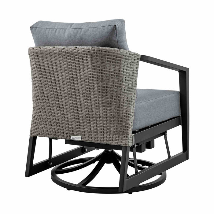 Palma 3 Piece Patio Outdoor Swivel Seating Set in Black Aluminum with Gray Wicker and Cushions