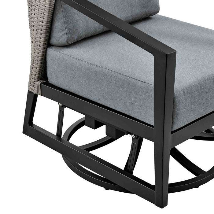 Palma 3 Piece Patio Outdoor Swivel Seating Set in Black Aluminum with Gray Wicker and Cushions